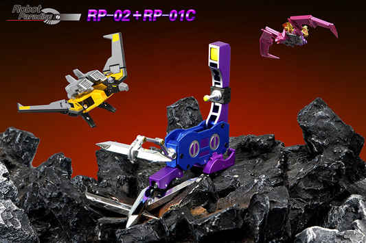 Toy robot figures on rocky terrain with a dark red background