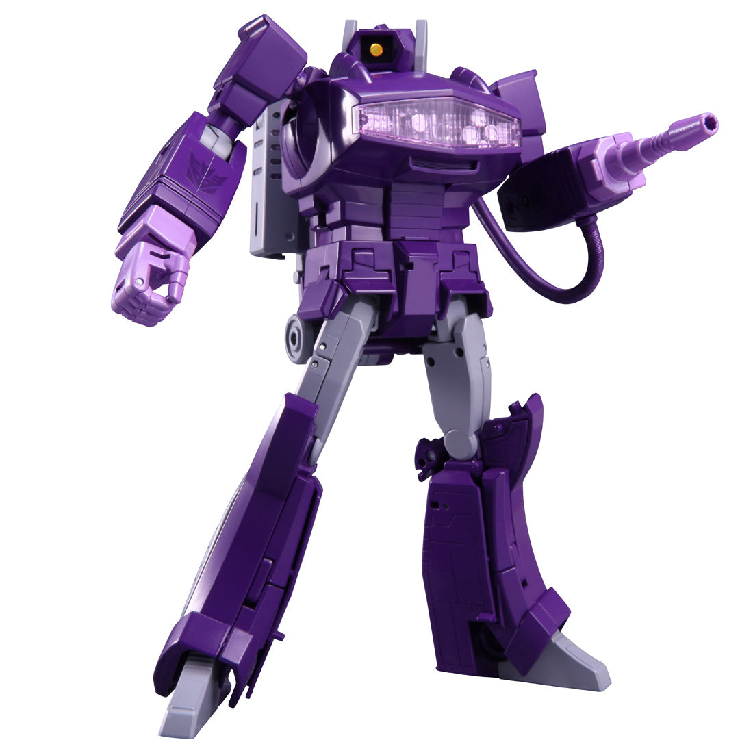 A purple and gray robot action figure with a small orange eye, standing on a plain white background.