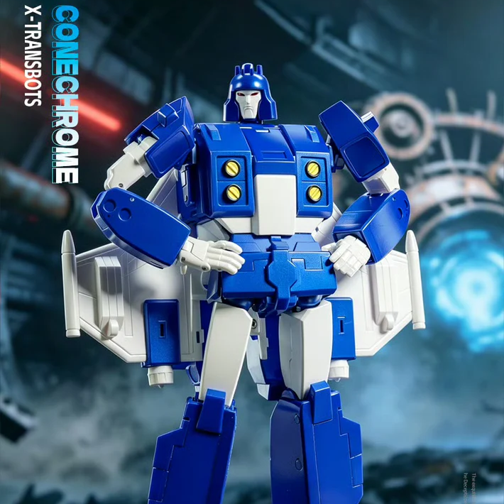Transformers X-Transbots Connechrome figure in a blue and white robot form, posed against a dark sci-fi background with glowing blue light effects. The image includes vertical text reading 'X-TRANSBOTS' and 'CONNECROME' plus a circular X-Transbots logo at the bottom right.