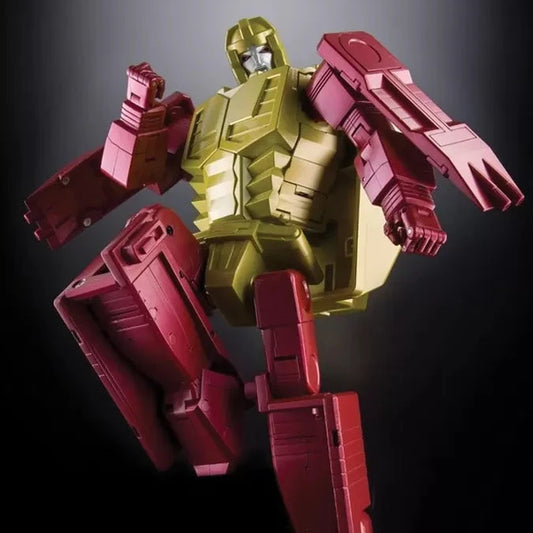 A Transformers-style robot action figure or collectible toy in metallic gold and dark red, posed against a dark studio background with a reflective surface below.